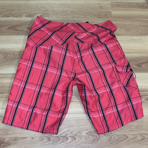 Hurley Mens Size 28 Board Shorts Red Plaid Draw‎ String Cargo Pocket Embroidered